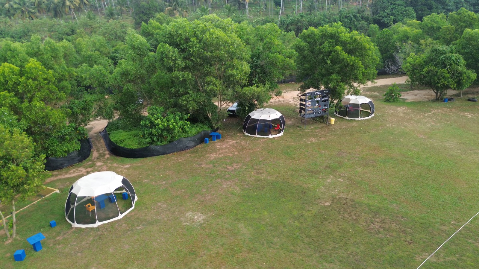 Boundary tents & manual scoreboard - DHH Turf Cricket Grounds Negombo Sri Lanka